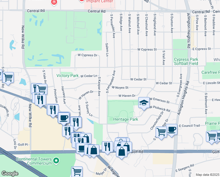 map of restaurants, bars, coffee shops, grocery stores, and more near 1403 South Fernandez Avenue in Arlington Heights