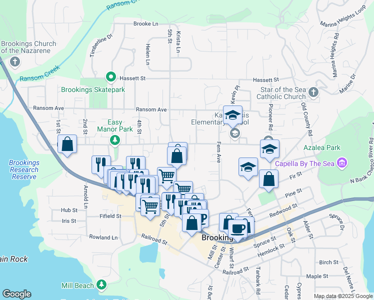 map of restaurants, bars, coffee shops, grocery stores, and more near 817 Easy Street in Brookings