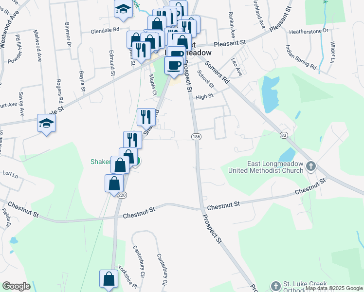 map of restaurants, bars, coffee shops, grocery stores, and more near 16 Spruce Street in East Longmeadow