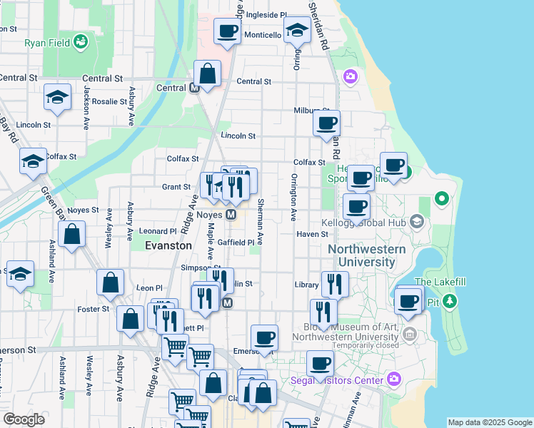 map of restaurants, bars, coffee shops, grocery stores, and more near in Evanston