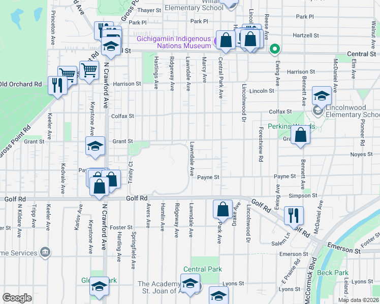 map of restaurants, bars, coffee shops, grocery stores, and more near 3044 Grant Street in Evanston