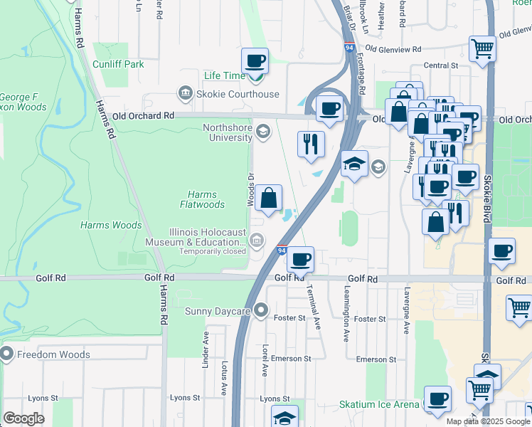 map of restaurants, bars, coffee shops, grocery stores, and more near 9731 Woods Drive in Skokie