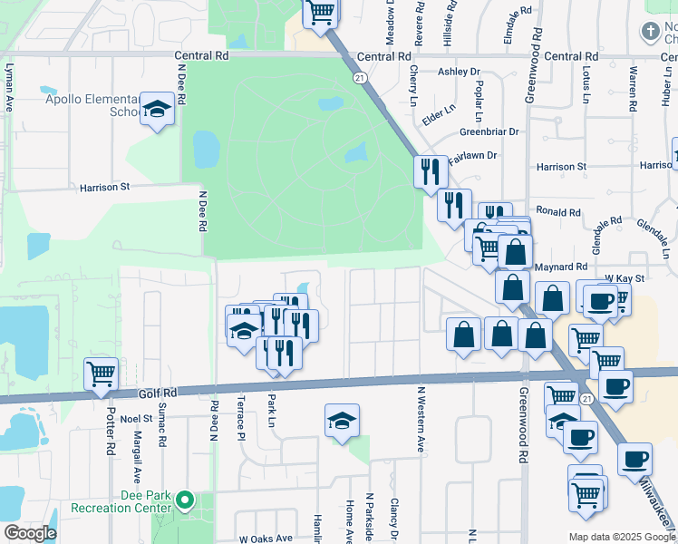 map of restaurants, bars, coffee shops, grocery stores, and more near 9672 Golf Terrace in Des Plaines