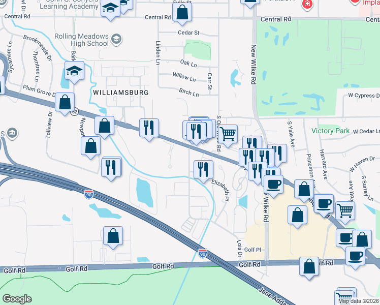 map of restaurants, bars, coffee shops, grocery stores, and more near 2765 West Algonquin Road in Rolling Meadows