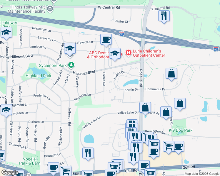 map of restaurants, bars, coffee shops, grocery stores, and more near 130 Crestwood Court in Schaumburg