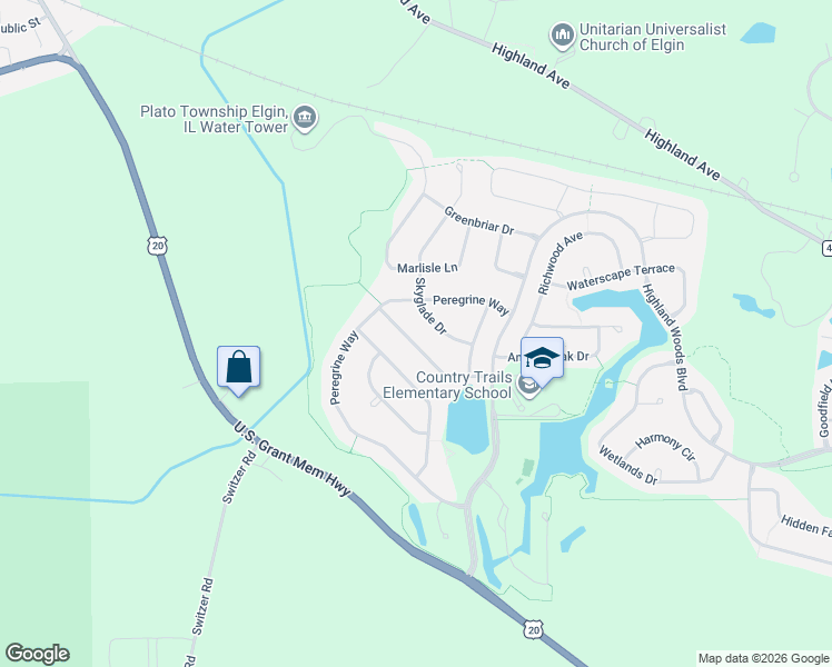 map of restaurants, bars, coffee shops, grocery stores, and more near 3682 Bellamere Lane in Elgin