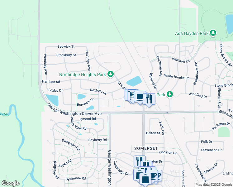 map of restaurants, bars, coffee shops, grocery stores, and more near 2824 Roxboro Drive in Ames