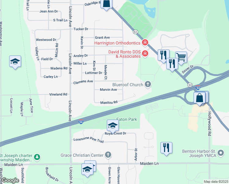 map of restaurants, bars, coffee shops, grocery stores, and more near 648 Marvin Avenue in St. Joseph