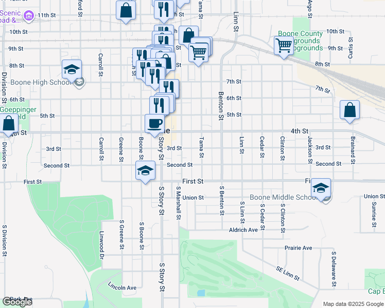 map of restaurants, bars, coffee shops, grocery stores, and more near 1024 3rd Street in Boone
