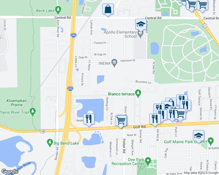 map of restaurants, bars, coffee shops, grocery stores, and more near 9510 Linnea Lane in Des Plaines