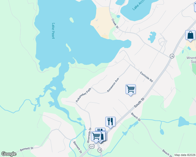 map of restaurants, bars, coffee shops, grocery stores, and more near 135 Pokanoket Path in Wrentham