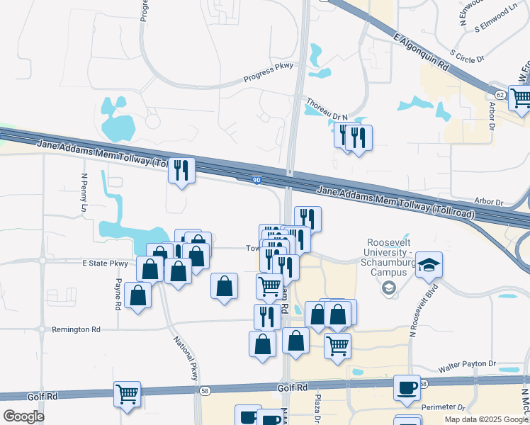 map of restaurants, bars, coffee shops, grocery stores, and more near 1365 Wiley Road in Schaumburg