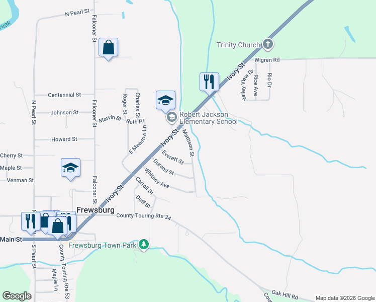 map of restaurants, bars, coffee shops, grocery stores, and more near 14 Mattison Street in Frewsburg