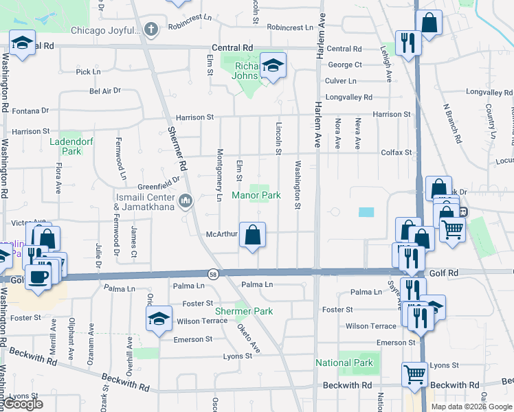 map of restaurants, bars, coffee shops, grocery stores, and more near 128 Parkview Road in Glenview