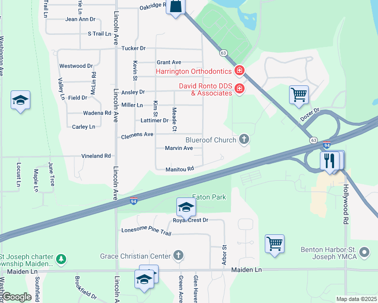 map of restaurants, bars, coffee shops, grocery stores, and more near 648 Marvin Avenue in St. Joseph