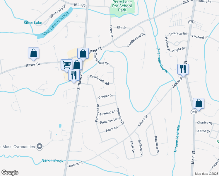 map of restaurants, bars, coffee shops, grocery stores, and more near 19 Castle Hills Road in Agawam