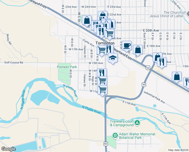 map of restaurants, bars, coffee shops, grocery stores, and more near 1101-1399 W A St in Torrington