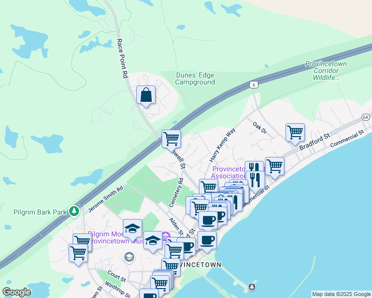 map of restaurants, bars, coffee shops, grocery stores, and more near 16R Conwell Street in Provincetown