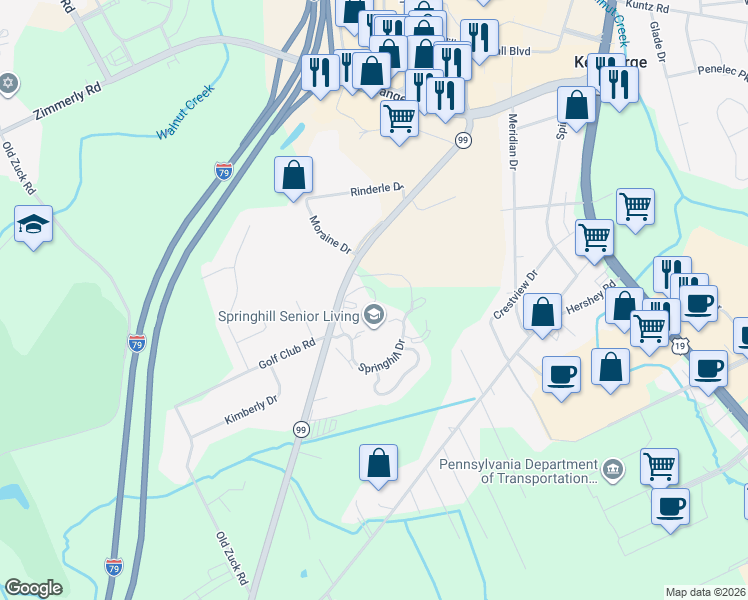 map of restaurants, bars, coffee shops, grocery stores, and more near 5855 Edinboro Road in Erie