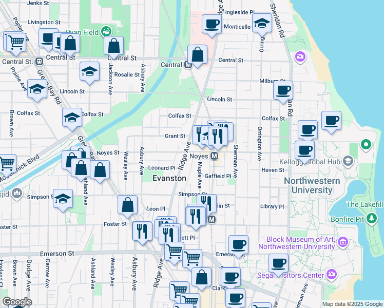 map of restaurants, bars, coffee shops, grocery stores, and more near 1014 Noyes Street in Evanston