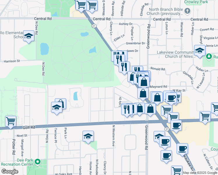 map of restaurants, bars, coffee shops, grocery stores, and more near 8856 Northshore Drive in Des Plaines