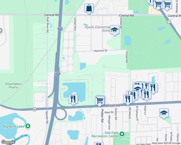 map of restaurants, bars, coffee shops, grocery stores, and more near 9510 Linnea Lane in Des Plaines