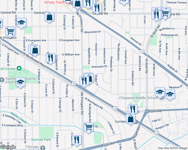 map of restaurants, bars, coffee shops, grocery stores, and more near 345 Radcliffe Avenue in Des Plaines