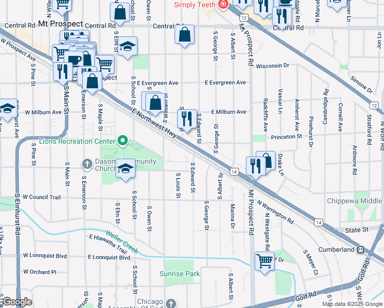 map of restaurants, bars, coffee shops, grocery stores, and more near 701 East Prospect Avenue in Mount Prospect