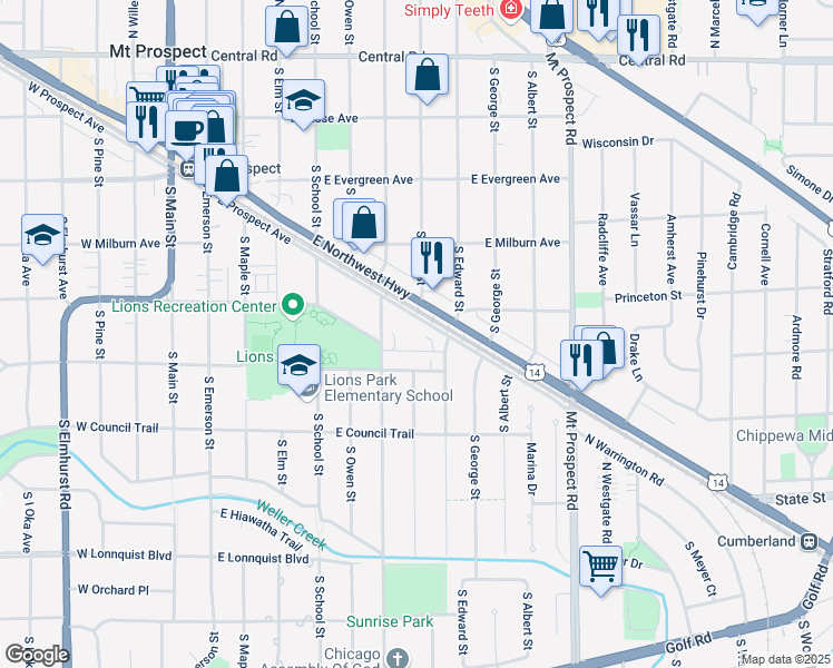 map of restaurants, bars, coffee shops, grocery stores, and more near 701 East Prospect Avenue in Mount Prospect