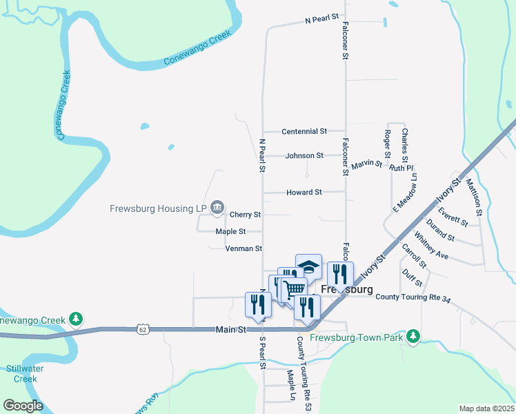 map of restaurants, bars, coffee shops, grocery stores, and more near 44 Berg Drive in Frewsburg