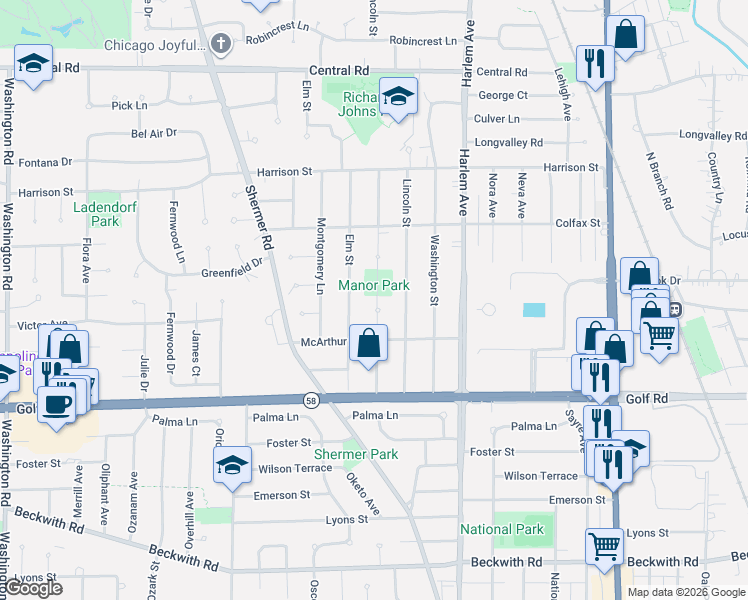 map of restaurants, bars, coffee shops, grocery stores, and more near 128 Parkview Road in Glenview