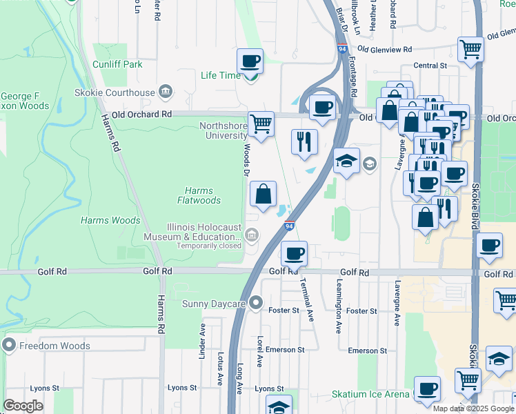 map of restaurants, bars, coffee shops, grocery stores, and more near 9731 Woods Drive in Skokie
