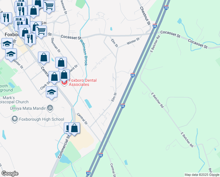 map of restaurants, bars, coffee shops, grocery stores, and more near 41 Elm Street in Foxborough