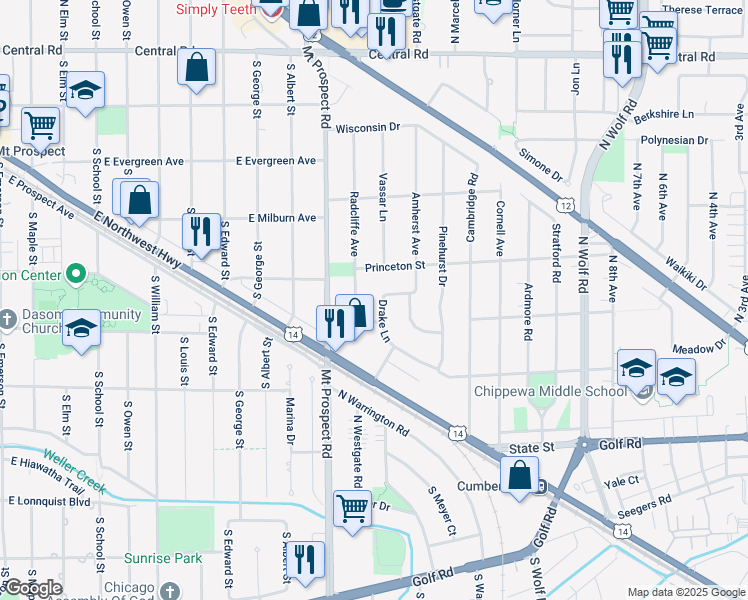 map of restaurants, bars, coffee shops, grocery stores, and more near 345 Radcliffe Avenue in Des Plaines