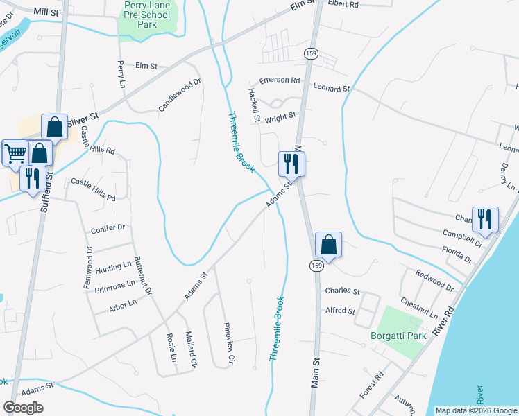 map of restaurants, bars, coffee shops, grocery stores, and more near 64 Adams Street in Agawam