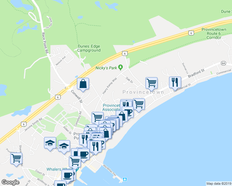 map of restaurants, bars, coffee shops, grocery stores, and more near 29 Miller Hill Road in Provincetown