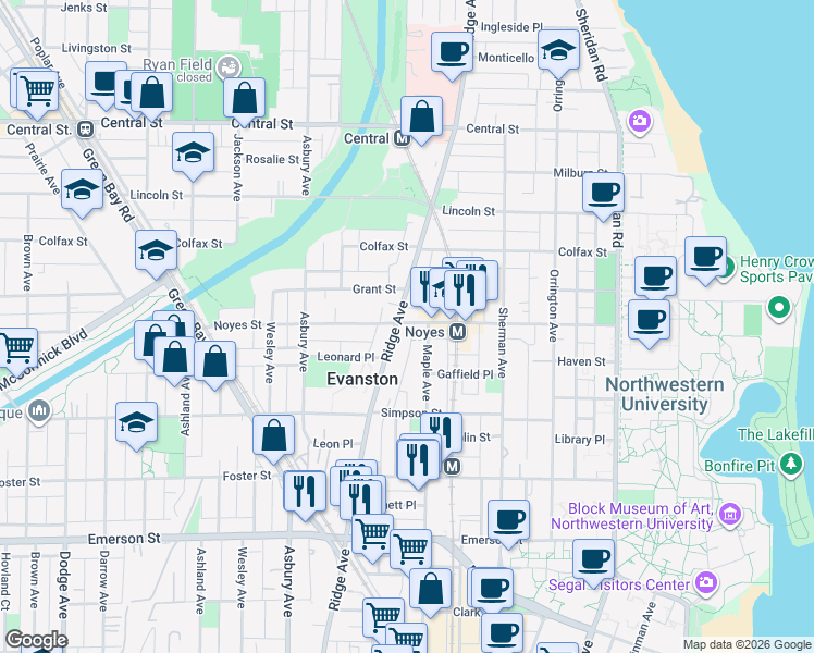 map of restaurants, bars, coffee shops, grocery stores, and more near 1024 Noyes Street in Evanston