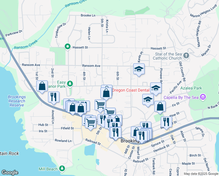 map of restaurants, bars, coffee shops, grocery stores, and more near 817 Easy Street in Brookings