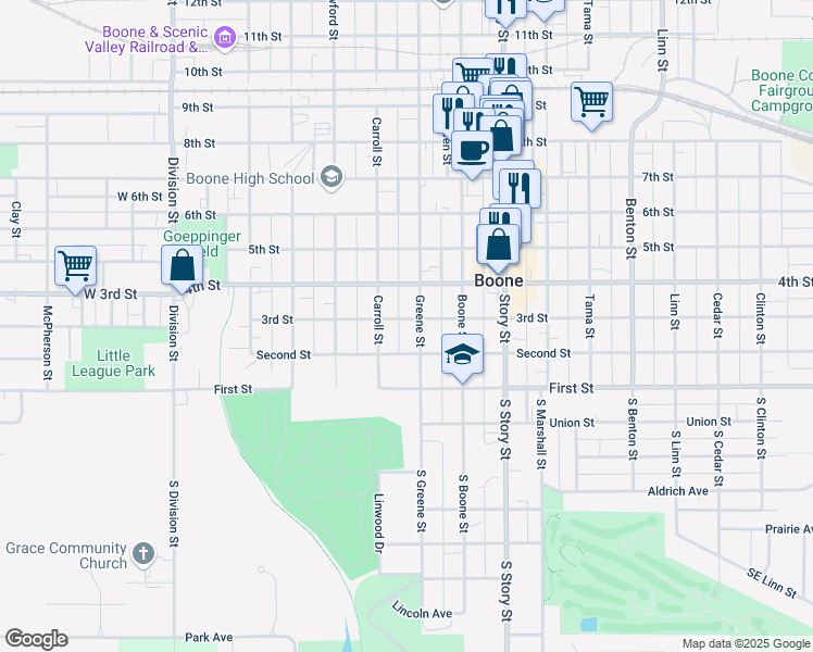 map of restaurants, bars, coffee shops, grocery stores, and more near 227 Greene Street in Boone