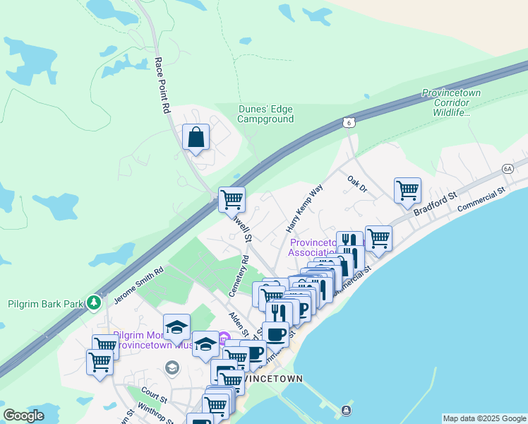map of restaurants, bars, coffee shops, grocery stores, and more near 16R Conwell Street in Provincetown