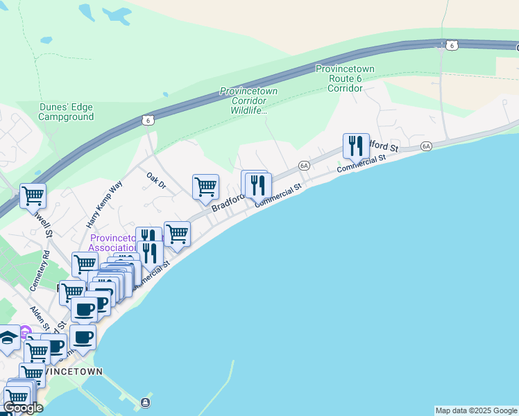 map of restaurants, bars, coffee shops, grocery stores, and more near 536 Commercial Street in Provincetown