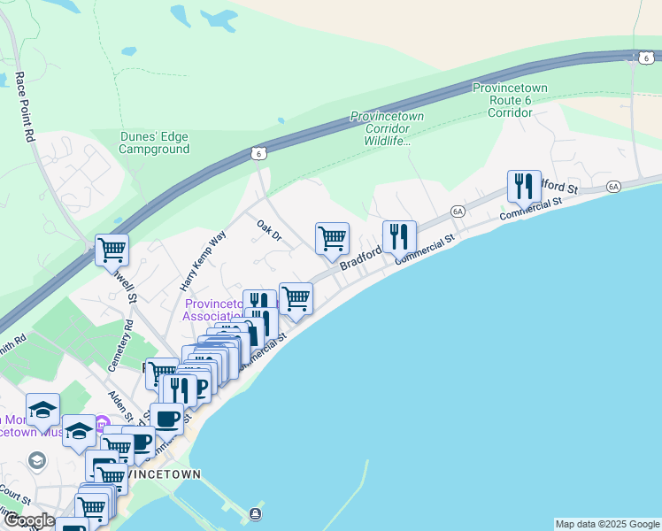 map of restaurants, bars, coffee shops, grocery stores, and more near 212 Bradford Street in Provincetown