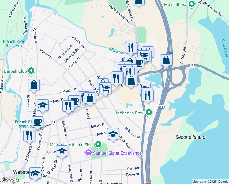 map of restaurants, bars, coffee shops, grocery stores, and more near 112 Massachusetts 12 in Webster