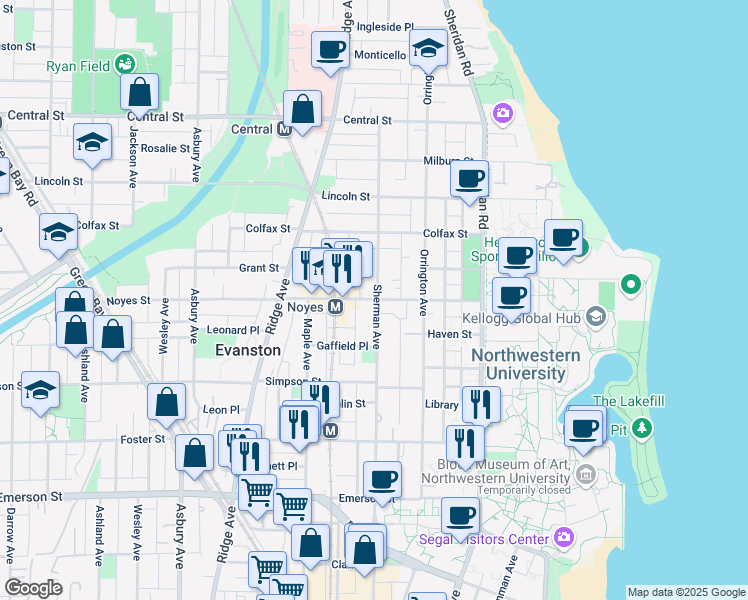 map of restaurants, bars, coffee shops, grocery stores, and more near 813 Noyes Street in Evanston