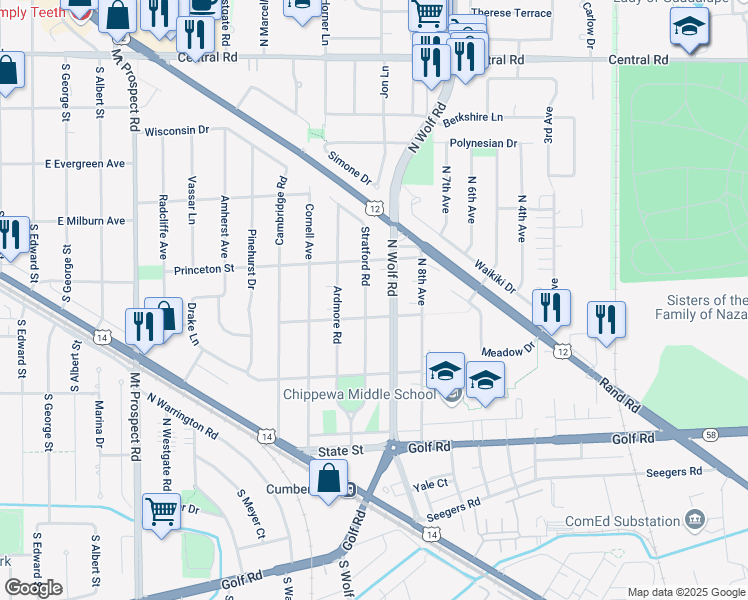map of restaurants, bars, coffee shops, grocery stores, and more near 332 North Wolf Road in Des Plaines