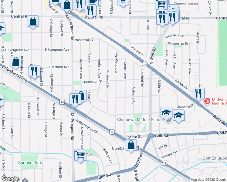 map of restaurants, bars, coffee shops, grocery stores, and more near 349 Cambridge Road in Des Plaines