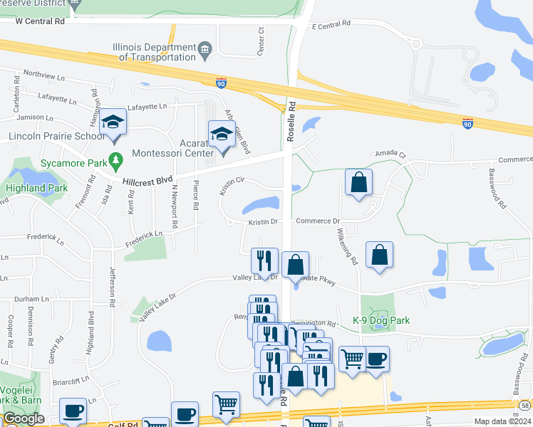 map of restaurants, bars, coffee shops, grocery stores, and more near 22 Kristin Drive in Schaumburg