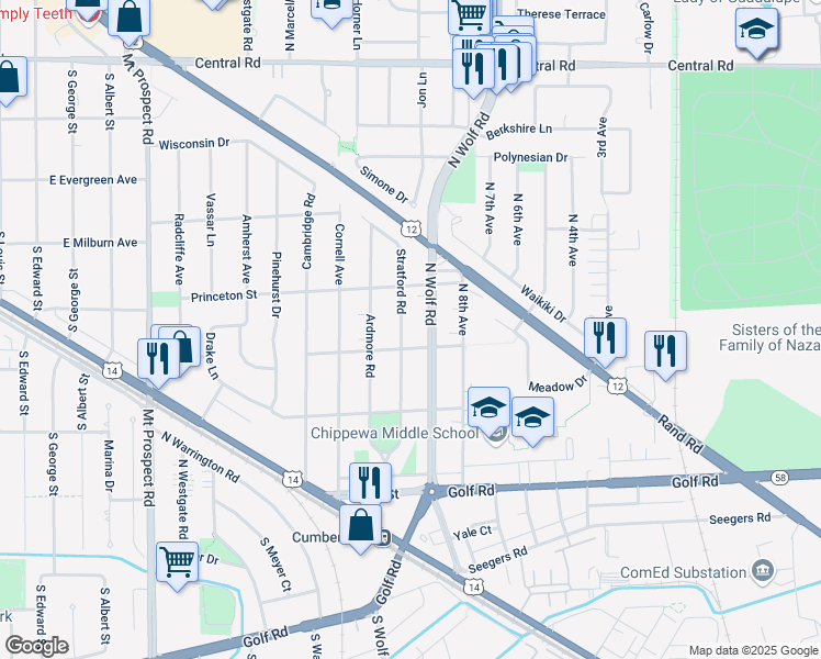map of restaurants, bars, coffee shops, grocery stores, and more near 332 North Wolf Road in Des Plaines