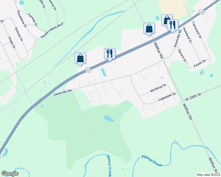 map of restaurants, bars, coffee shops, grocery stores, and more near 3490 Tanager Drive in Erie