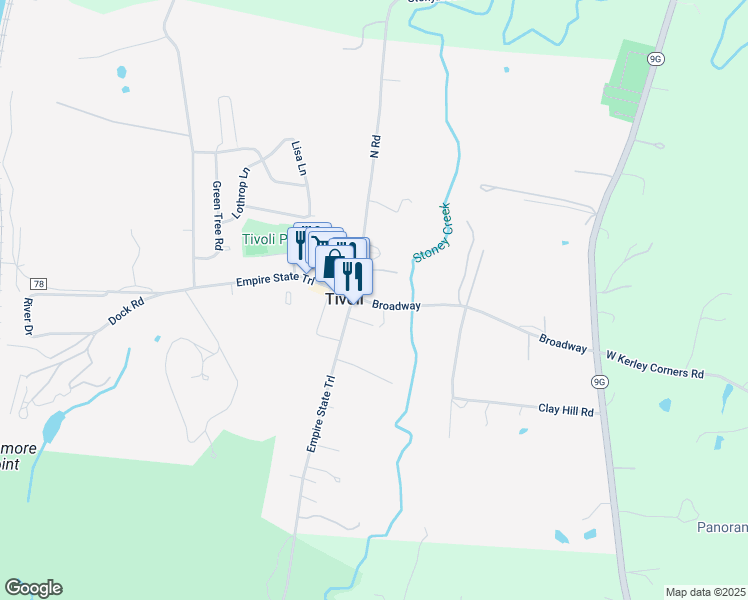 map of restaurants, bars, coffee shops, grocery stores, and more near 45 Broadway in Tivoli